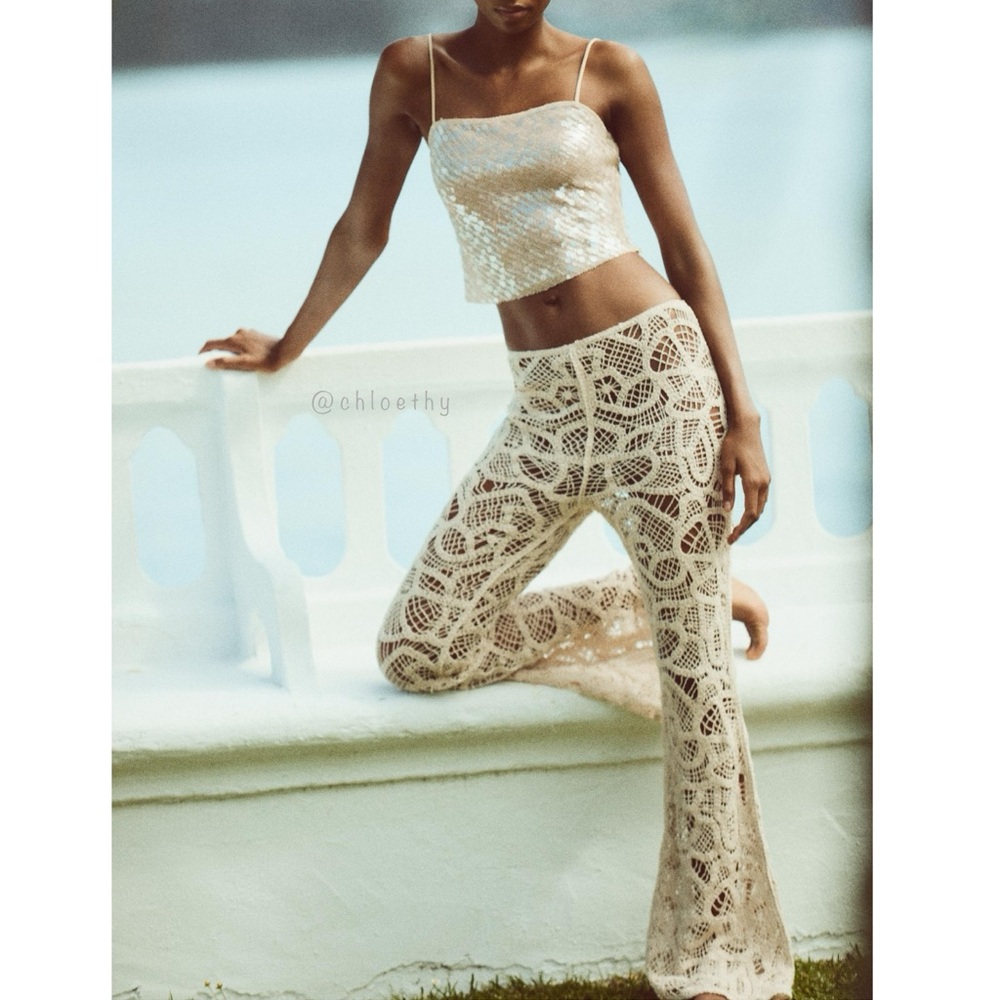 Zara FLARED CROCHET PANTS - Picture 5 of 7